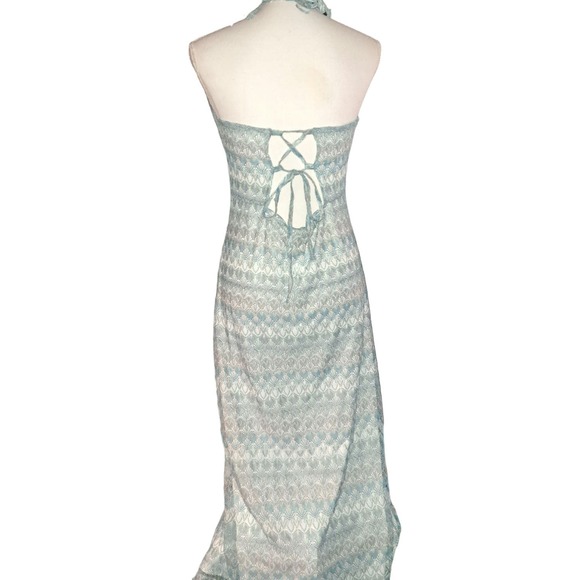 NWT- Sz L Gorgeous Aqua & Silver Knitted Low back Sleeveless Ruched Dress - Picture 7 of 13